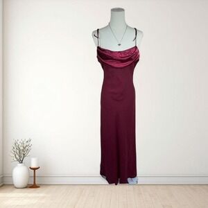 Y2K Just Choon burgundy satin maxi dress cowl neck open back slip formal
